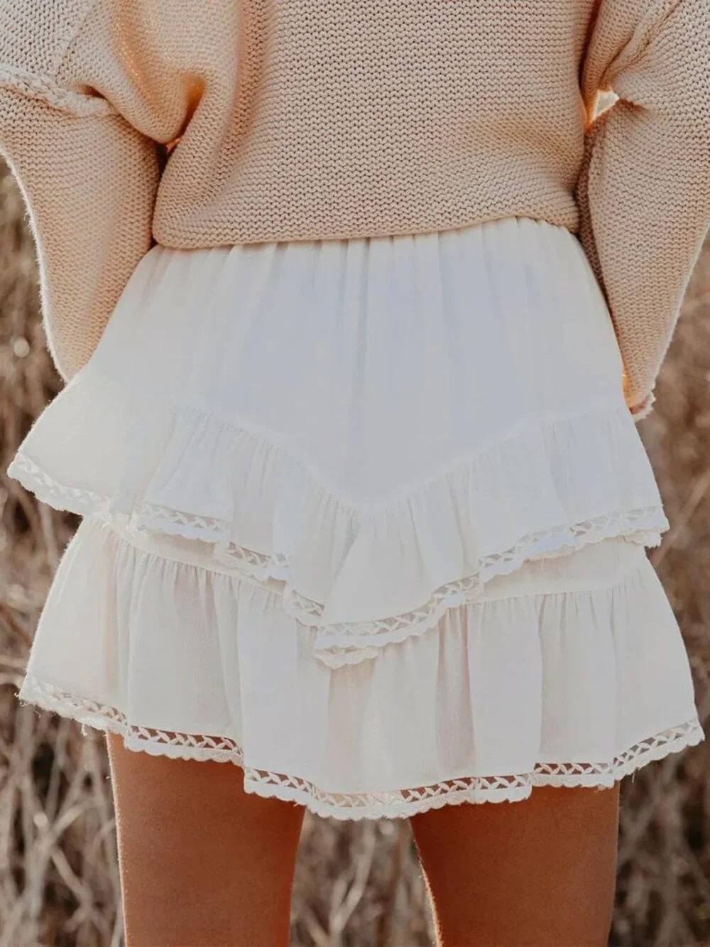Women's White Boho Ruffle Tiered Skorts High Waist Mini Skirts Golf Tennis Short - Picture 2 of 3